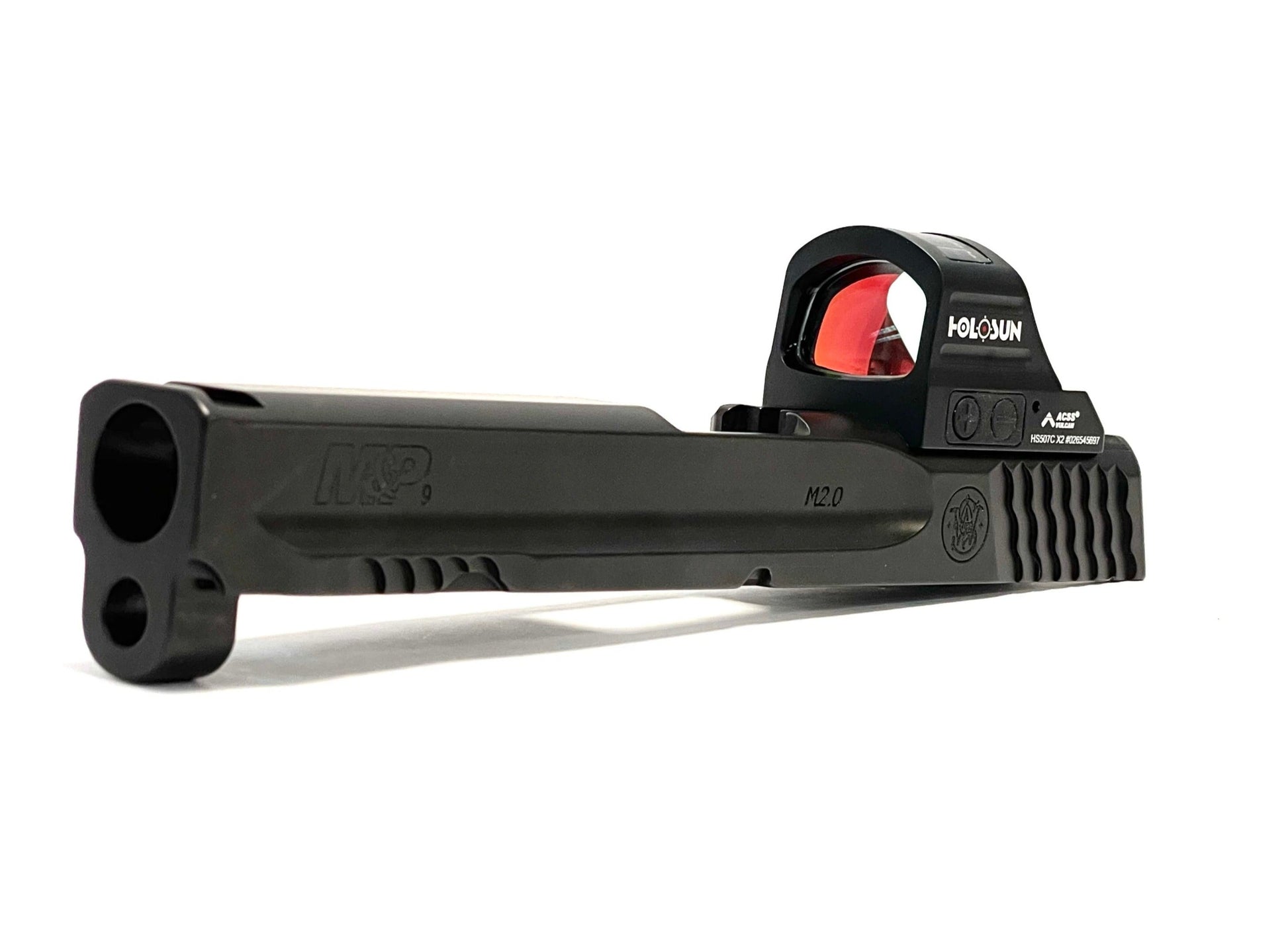Smith and Wesson M&P 2.0 California CA Model Holosun HS 507C 507 Comp Direct Mount Low Profile Optic Cut Red Dot Green Dot Slide Milling Front Angle