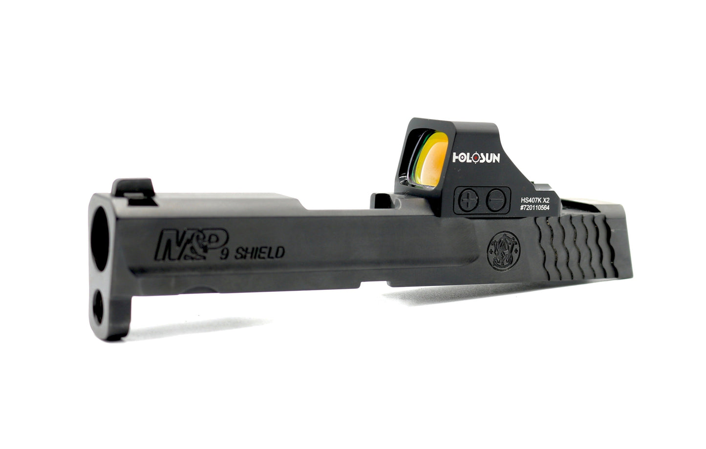 Smith and Wesson M&P Shield Plus Holosun HS EPS Carry 407k 507k RMSC Direct Mount Low Profile Optic Cut Red Dot Green Dot Slide Milling Side Angle3
