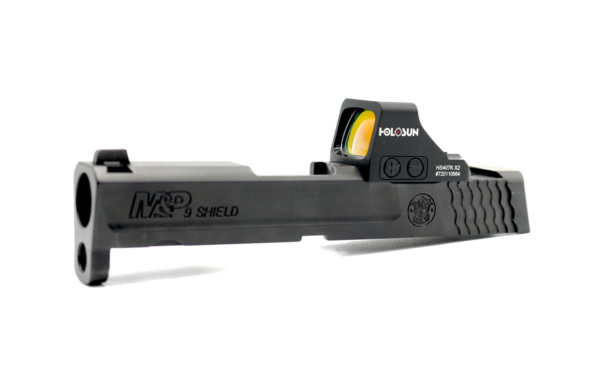 Smith and Wesson M&P Shield Plus Holosun HS EPS Carry 407k 507k RMSC Direct Mount Low Profile Optic Cut Red Dot Green Dot Slide Milling Side Angle3