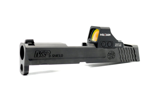 Smith and Wesson M&P Shield Plus Holosun HS EPS Carry 407k 507k RMSC Direct Mount Low Profile Optic Cut Red Dot Green Dot Slide Milling Side Angle3