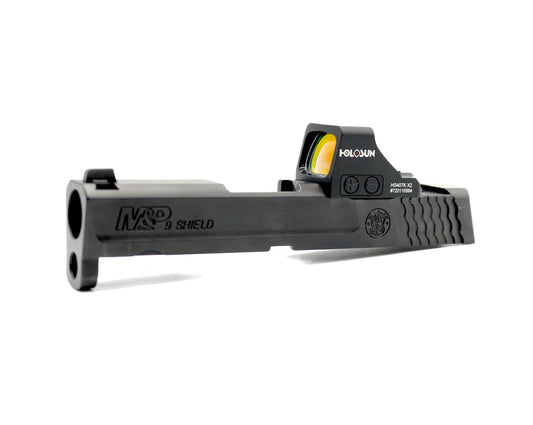 Smith and Wesson M&P Shield Plus Holosun HS EPS Carry 407k 507k RMSC Direct Mount Low Profile Optic Cut Red Dot Green Dot Slide Milling Front Angle3