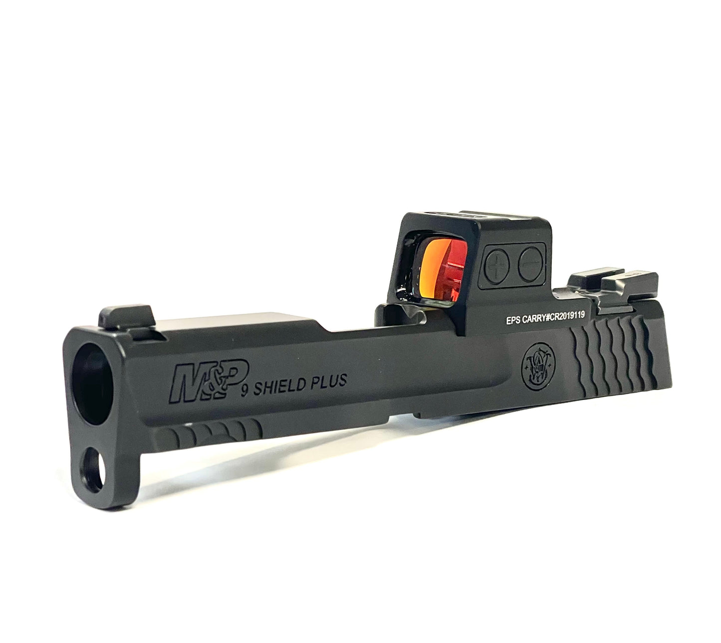 Smith and Wesson M&P Shield Plus Holosun HS EPS Carry 407k 507k RMSC Direct Mount Low Profile Optic Cut Red Dot Green Dot Slide Milling Front Angle