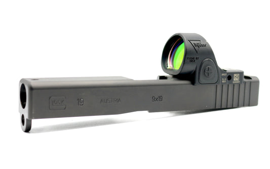 Glock 17 19 22 26 34 Trijicon RMR SRO Direct Mount Low Profile Optic Cut Red Dot Green Dot Slide Milling Front Angle